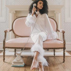 White Satin Feather Bridal Pajamas